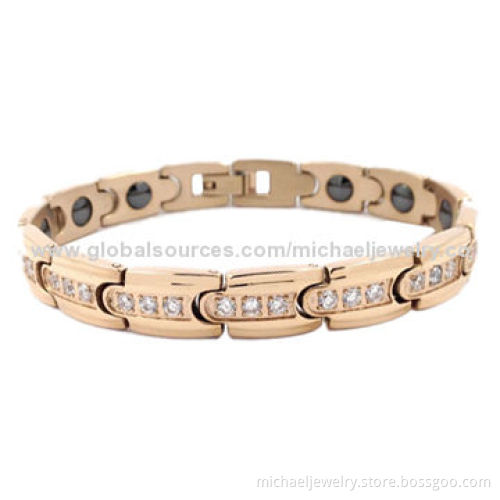 Magnetic Stainless Steel Bracelets with 36pcs of CZ Stones and Plating IP Rose Gold